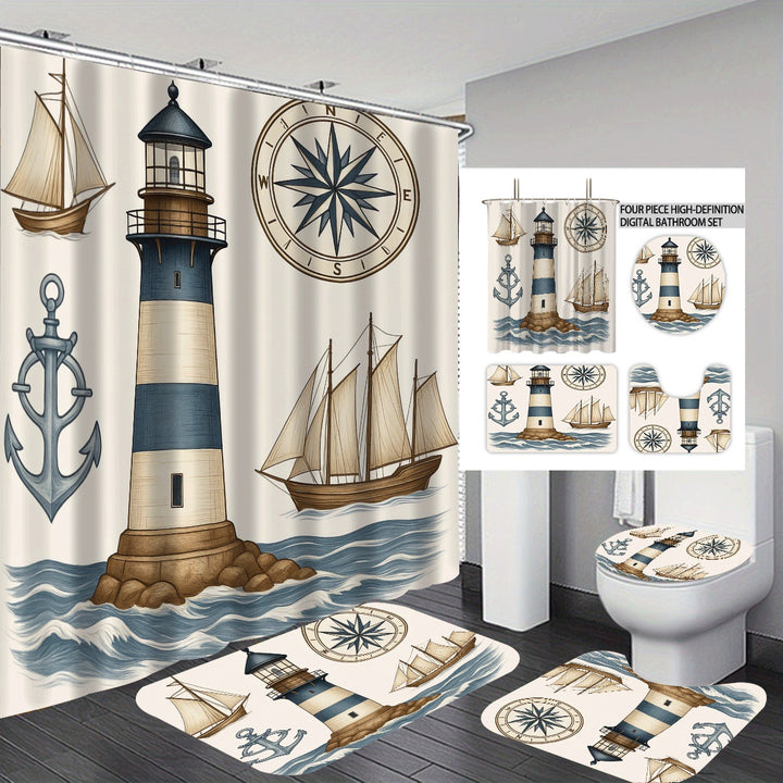 Coastal Lighthouse-Themed Four-Piece Bathroom Set Bowlift