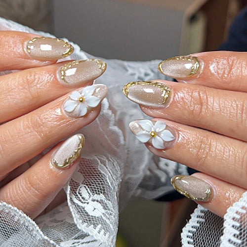 Elegant Press-On Nail Art Set with Floral and Gold Accents Bowlift