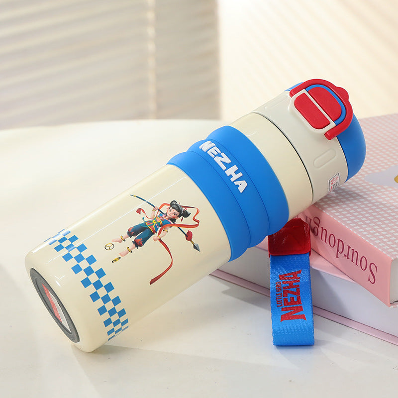 Insulated drinking bottle with a cute character design and practical carrying strap Bowlift