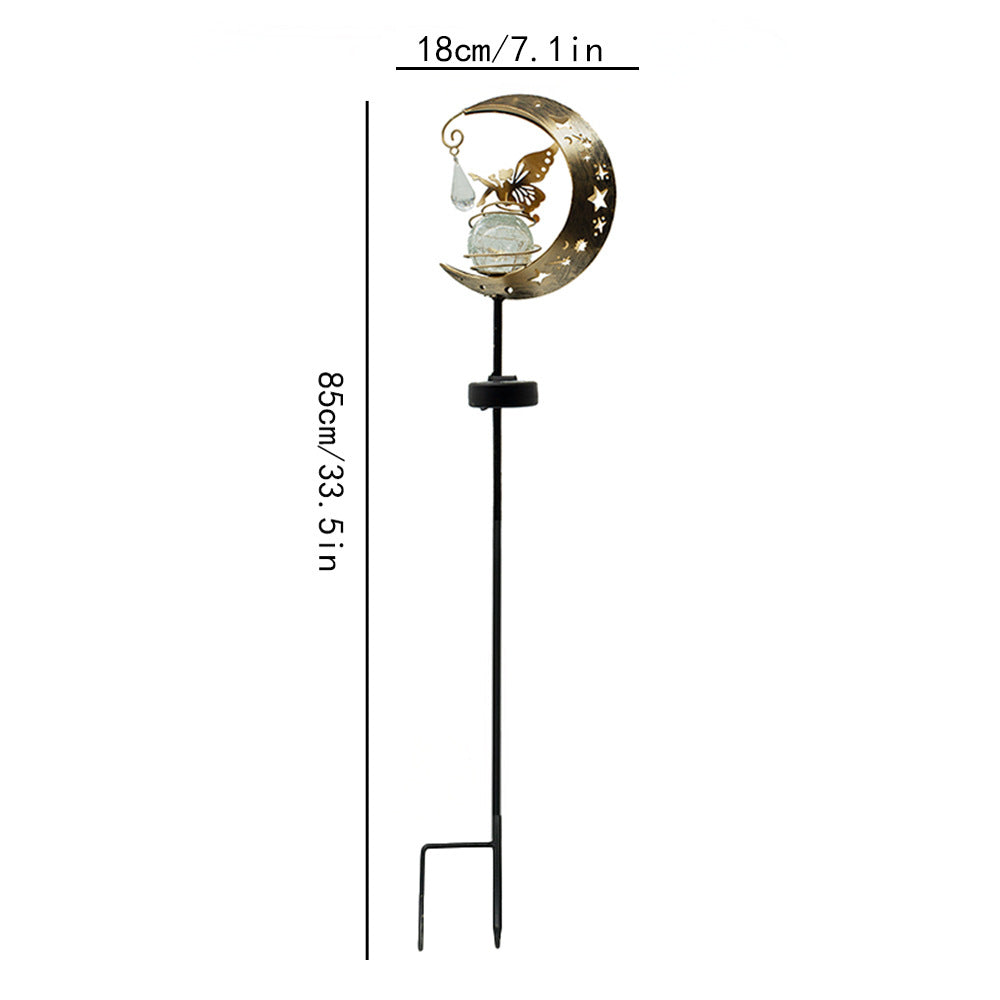 Crescent Moon Solar Garden Stake Light With Rotating Crackle Glass Orb And Butterfly Accent Bowlift