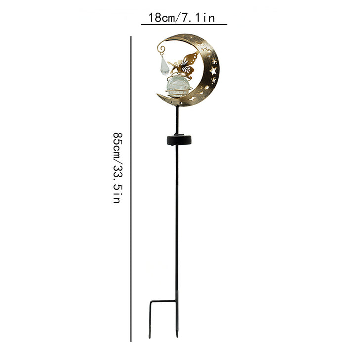 Crescent Moon Solar Garden Stake Light With Rotating Crackle Glass Orb And Butterfly Accent Bowlift