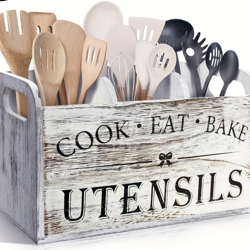 Rustic Farmhouse Kitchen Utensil Organizer Crate with Triple Compartments Bowlift