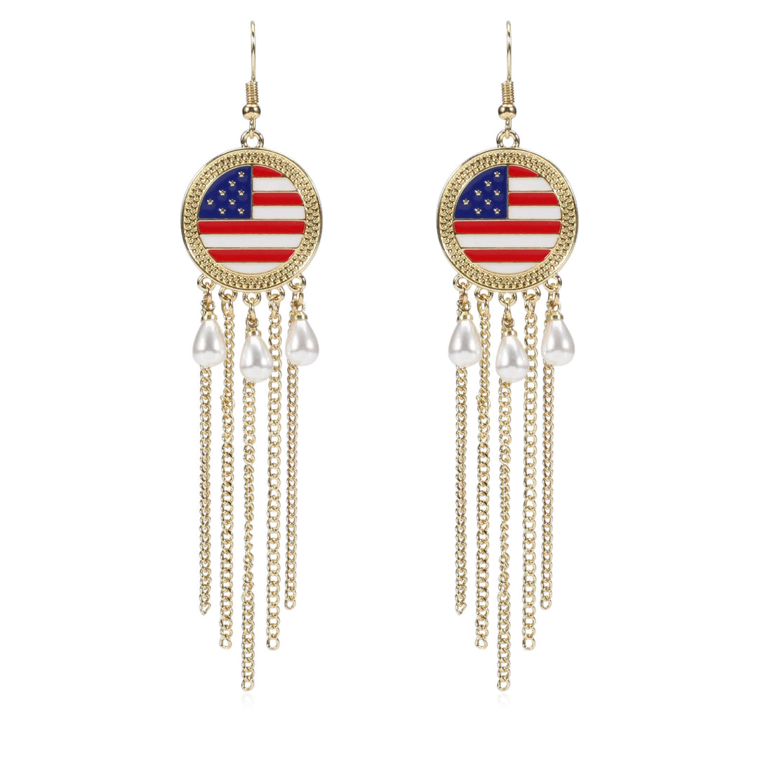 Women's nan long beaded fringe dangle earrings with enamel flag medallion and crystal drops Bowlift