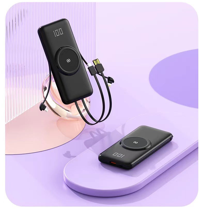 Portable power bank with wireless charging function and integrated charging cable Bowlift
