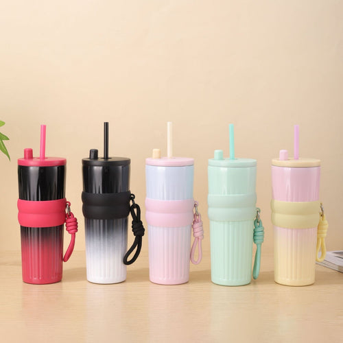 Ladies multifunctional insulated drinking bottle with integrated straw and practical carrying handle Bowlift