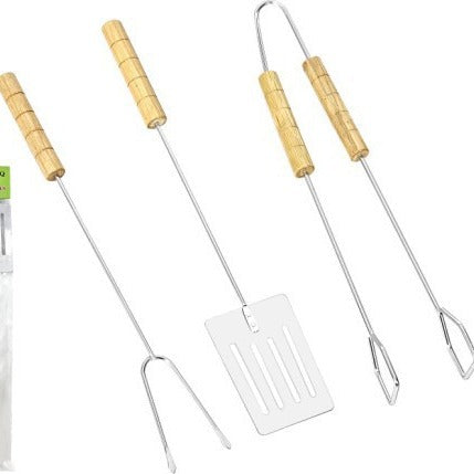 Stainless Steel BBQ Skewer Set with Dual Prong Blades and Ergonomic Wooden Handles Bowlift