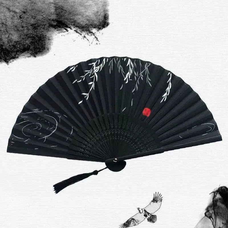 Women One Size Handcrafted Bamboo Pleated Fan with Hand-Painted Calligraphic Willow Design and Decorative Tassel Bowlift