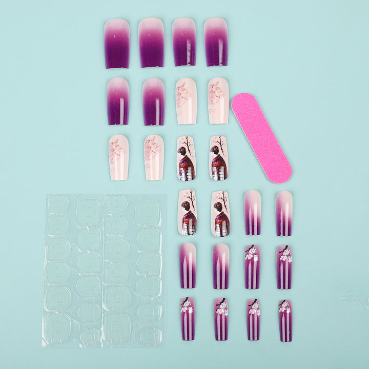 Elegant Artificial Nails Set with Ombre Design and Artistic Accents Bowlift