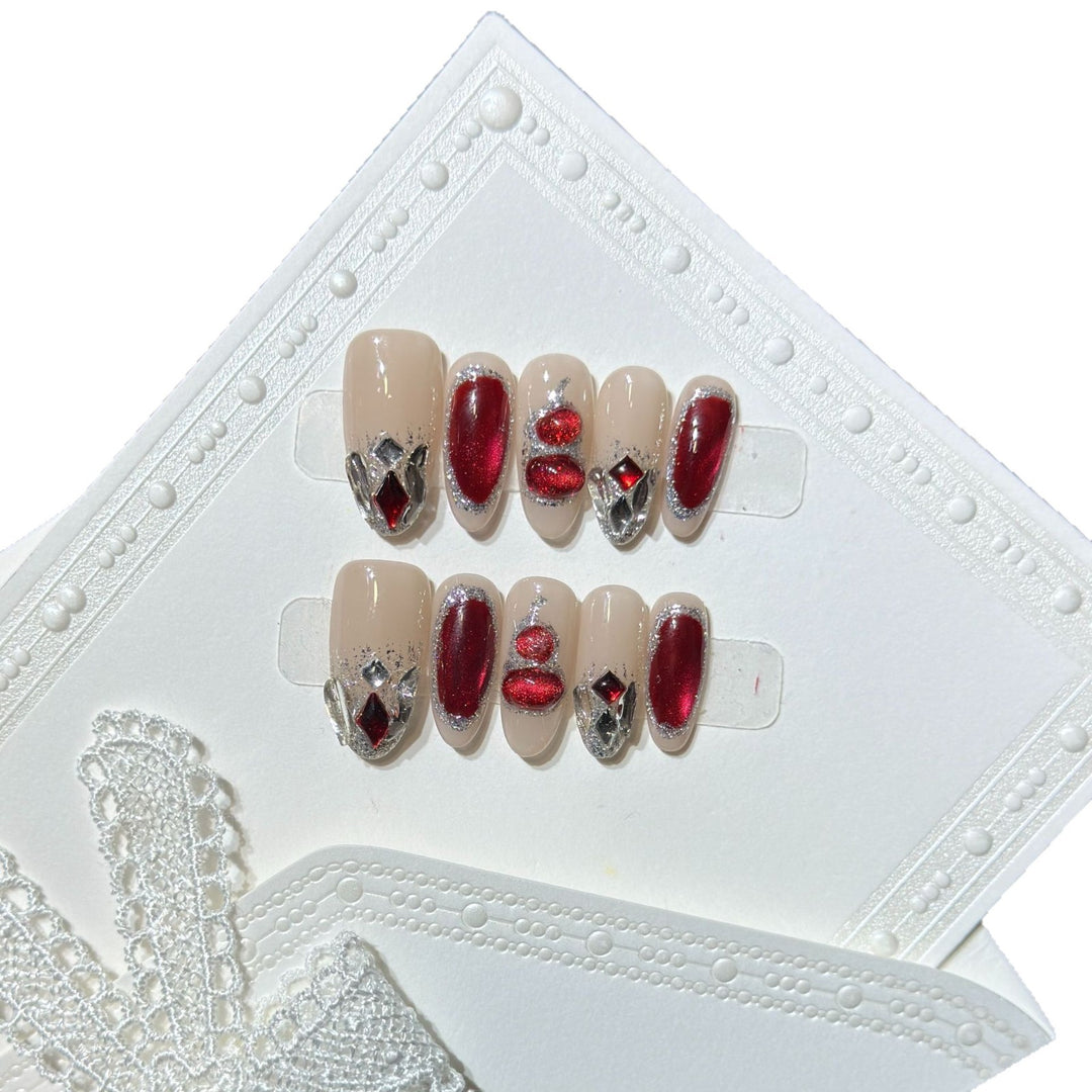 Premium Decorative Press-On Nail Set with Gemstone Accents Bowlift