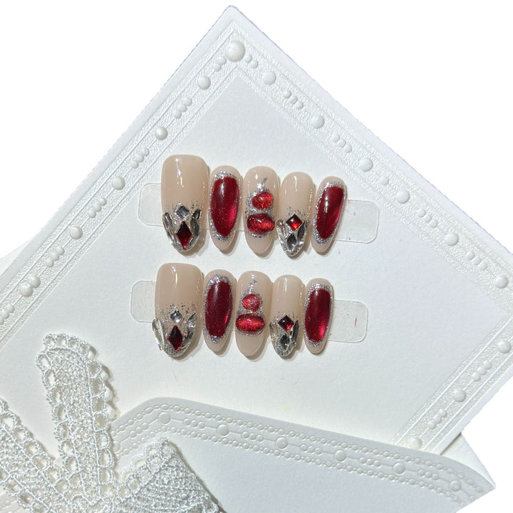 Premium Decorative Press-On Nail Set with Gemstone Accents Bowlift