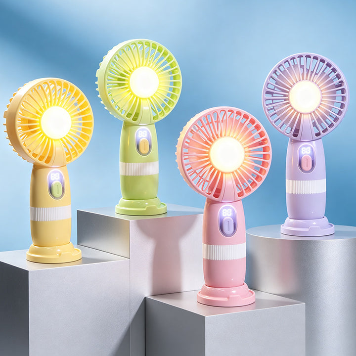 Women's Portable Handheld Fan with LED Lighting and Digital Temperature Display Bowlift