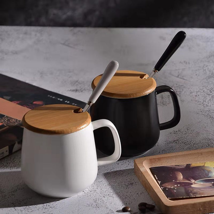 Matte Ceramic Insulated Coffee Mug Gift Set with Wooden Lid and Stainless Spoon Bowlift