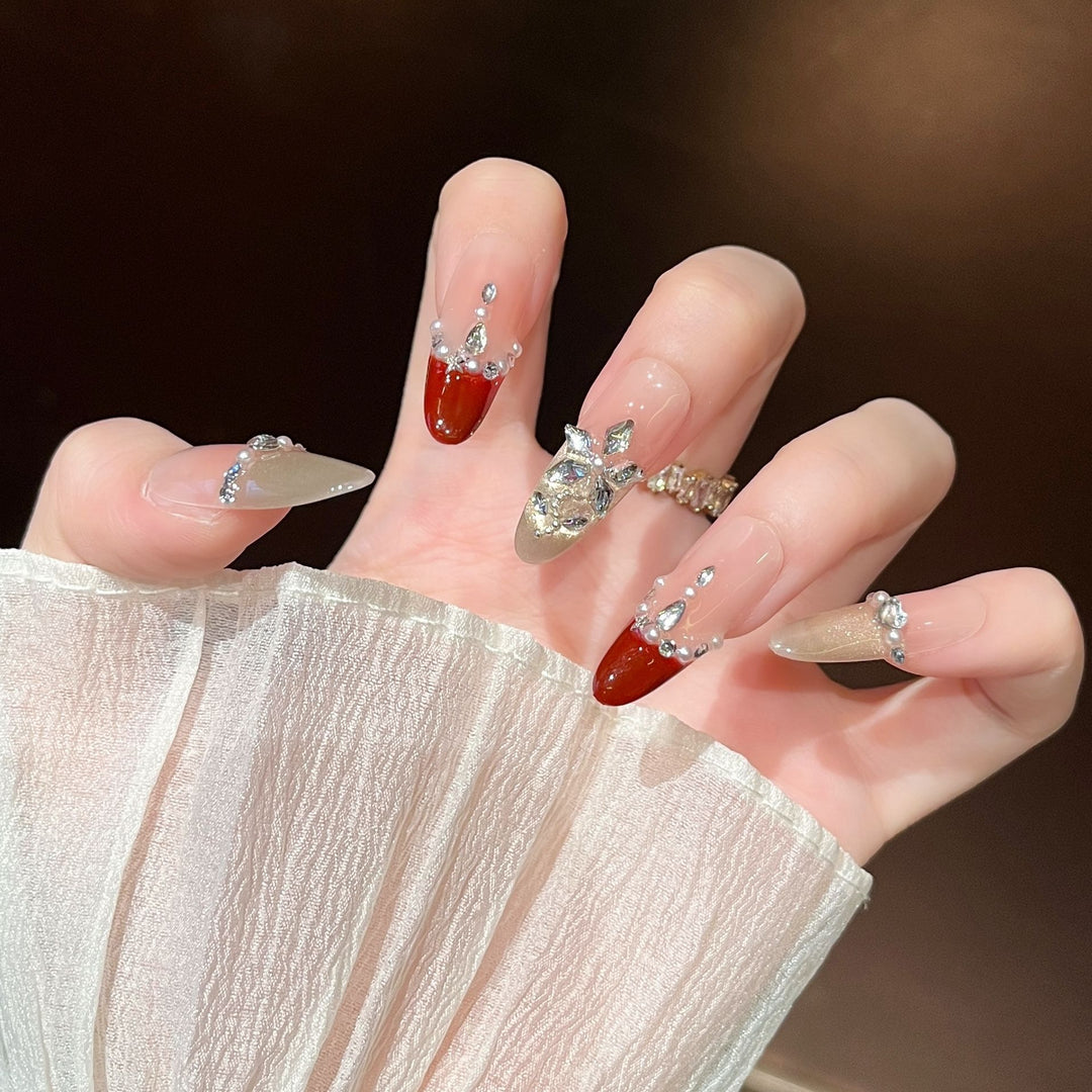 Artistic Gem-Accented Press-On Nail Extensions Bowlift