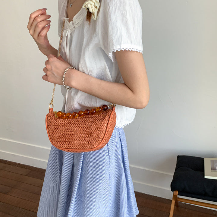 Stylish Woven Handbag with Beaded Handle Bowlift