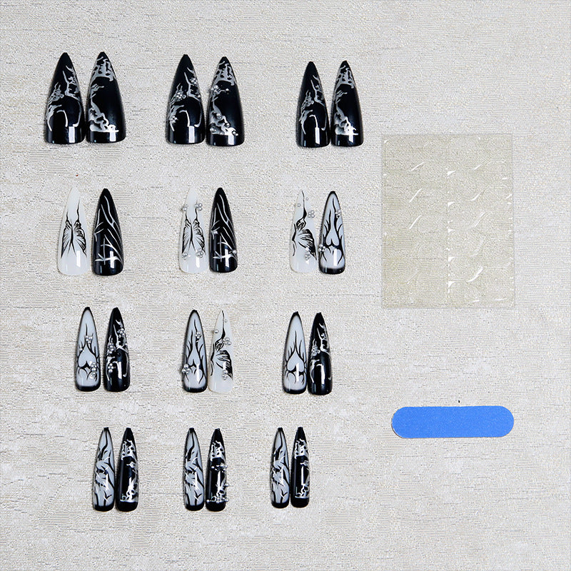 Artificial nail set with elegant geometric designs and creative metallic accents Bowlift