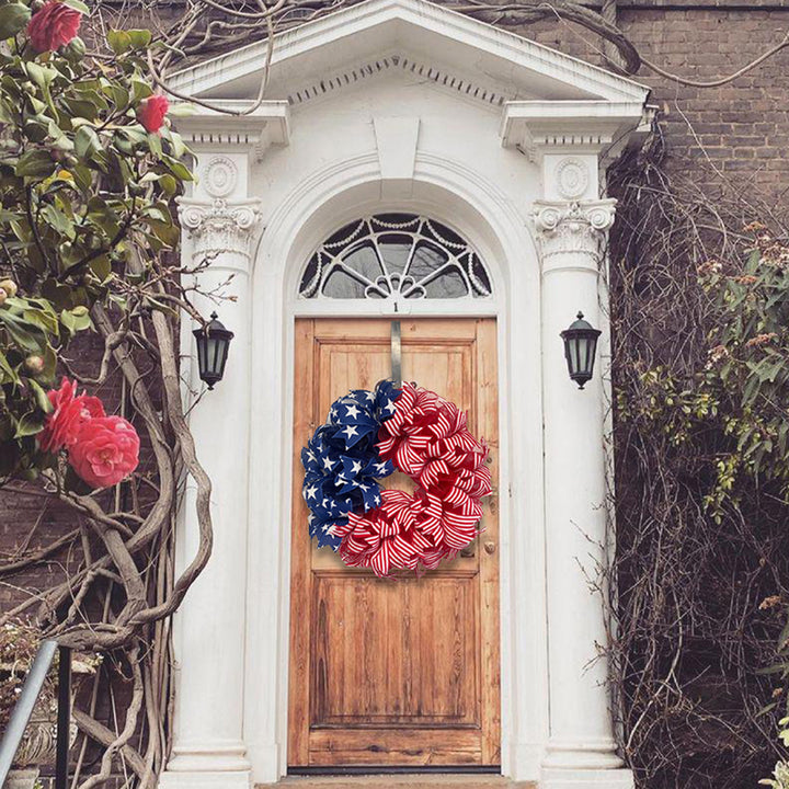 Unisex nan Americana star and stripe mesh front door wreath with full-bodied deco ribbon and over the door hanger Bowlift