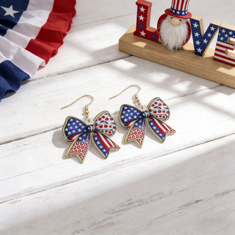 Women's nan patriotic bow dangle acrylic earrings with gold plated hooks and lightweight charm Bowlift