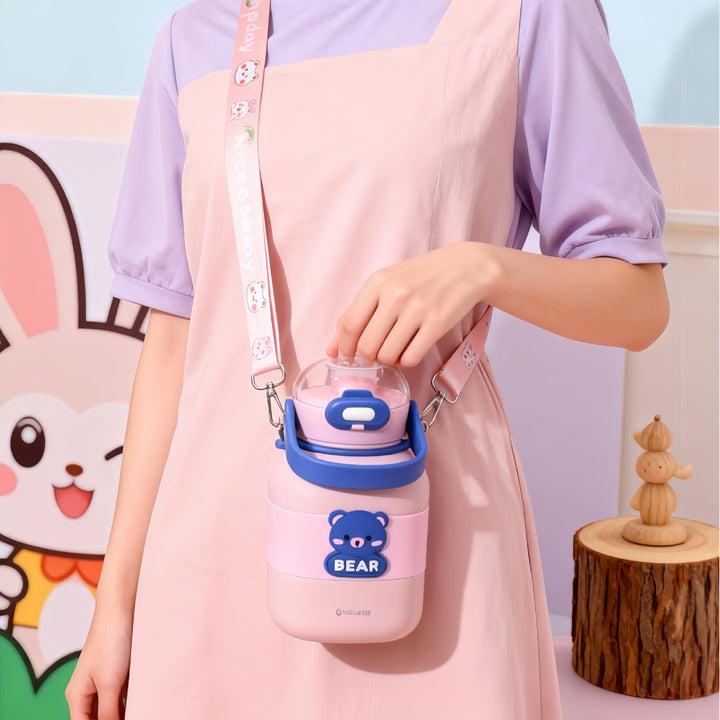 Ladies Insulated Drinking Bottle with Integrated Carry Strap and Animal Motif Bowlift
