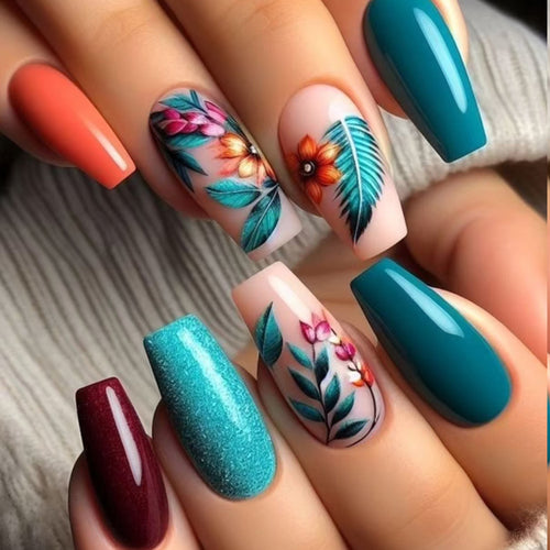 Artistic Floral and Glitter Press-On Nails Bowlift