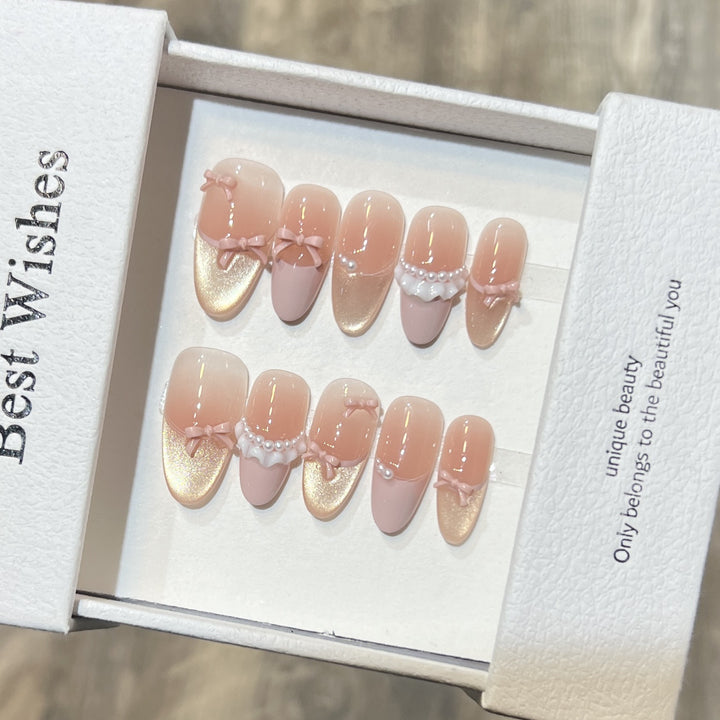 Elegant Press-On Nail Art Set with Pearl and Bow Accents Bowlift