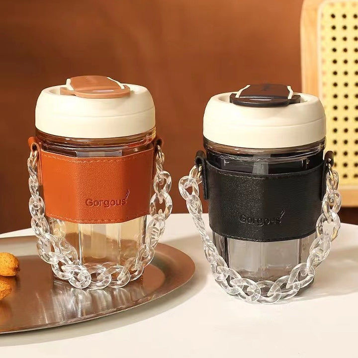 Ladies trendy glass cup with chain carrying strap Bowlift