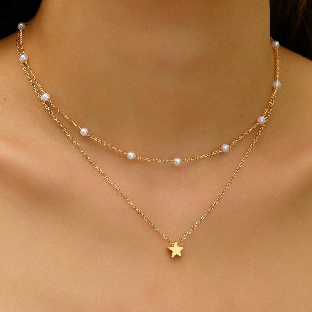 Layered Pearl and Star Pendant Necklace Bowlift