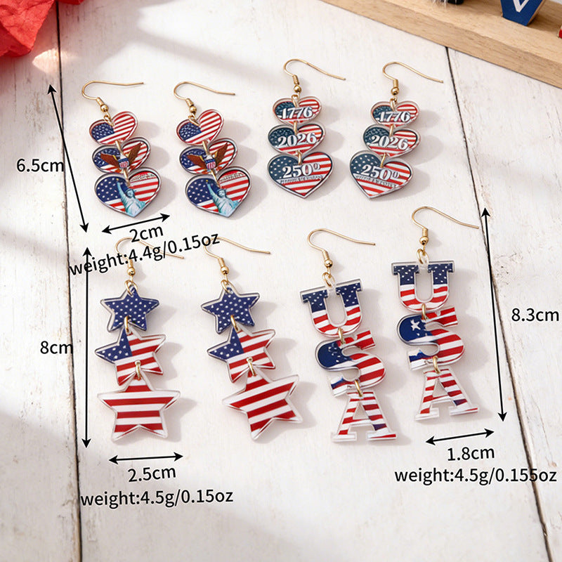 Women's acrylic statement earrings long pendant bow motif with patriotic print Bowlift