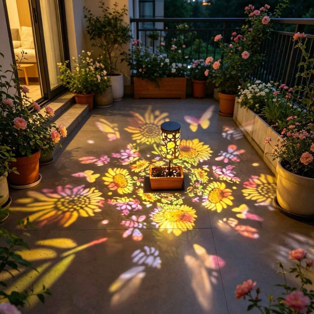 Solar Projection Lantern With Sunflower Floral Metal Cylinder And Hanging Handle Bowlift