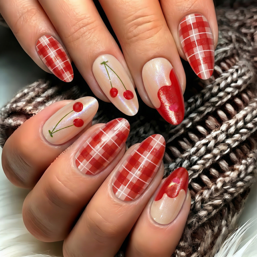 Artificial nails with romantic cherry and checkered pattern Bowlift