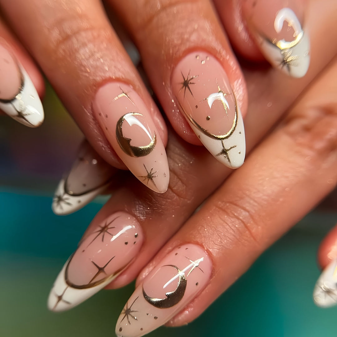 Artistic Stiletto Press-On Nail Extensions with Gold Accents Bowlift