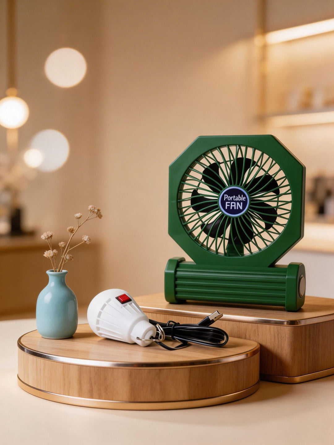 Ladies Portable Table Fan with USB Connection and an Elegant Wooden Base Bowlift