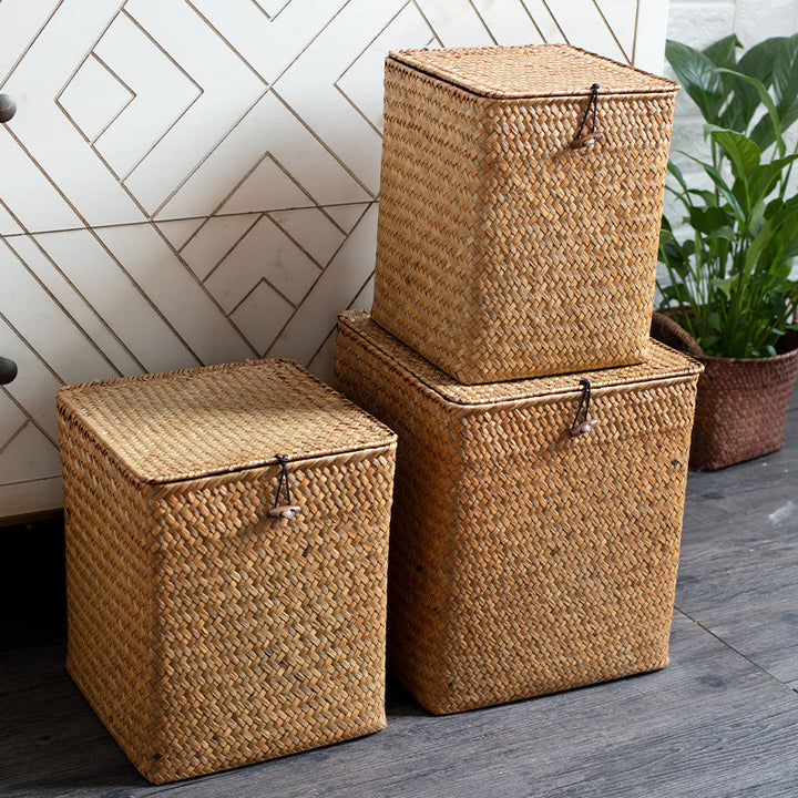 Unisex Rectangular Storage Basket with Lid made of Natural Material Bowlift