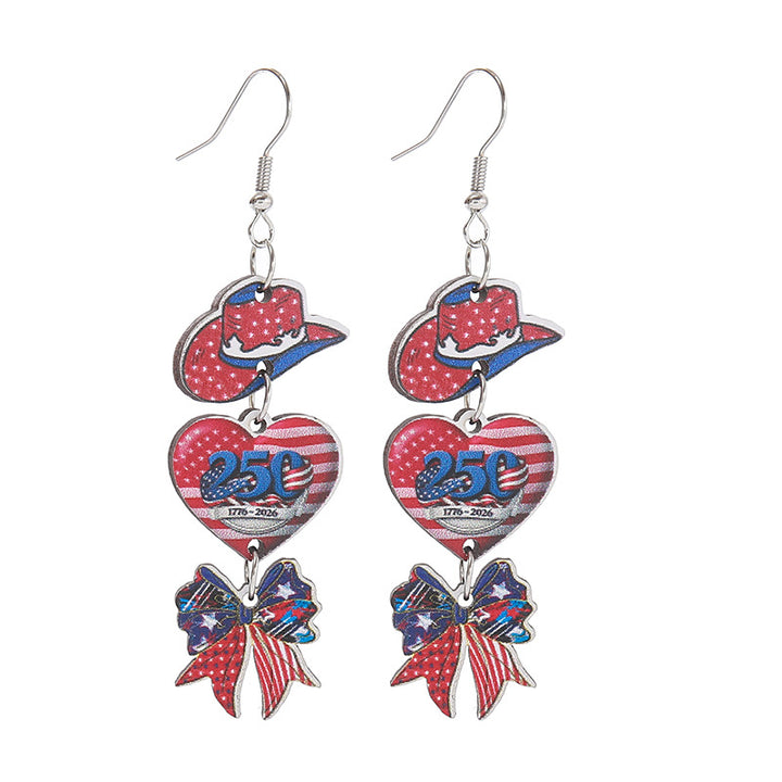 Women's nan patriotic triple-charm dangly novelty earrings with cowboy hat heart bow Bowlift
