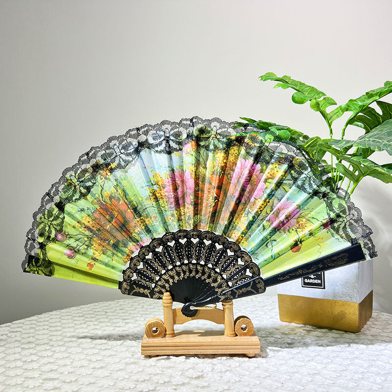 Ladies Elegant Hand Fan with Floral Design and Lace Edges Bowlift