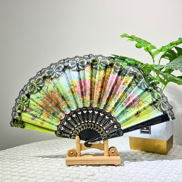 Ladies Elegant Hand Fan with Floral Design and Lace Edges Bowlift