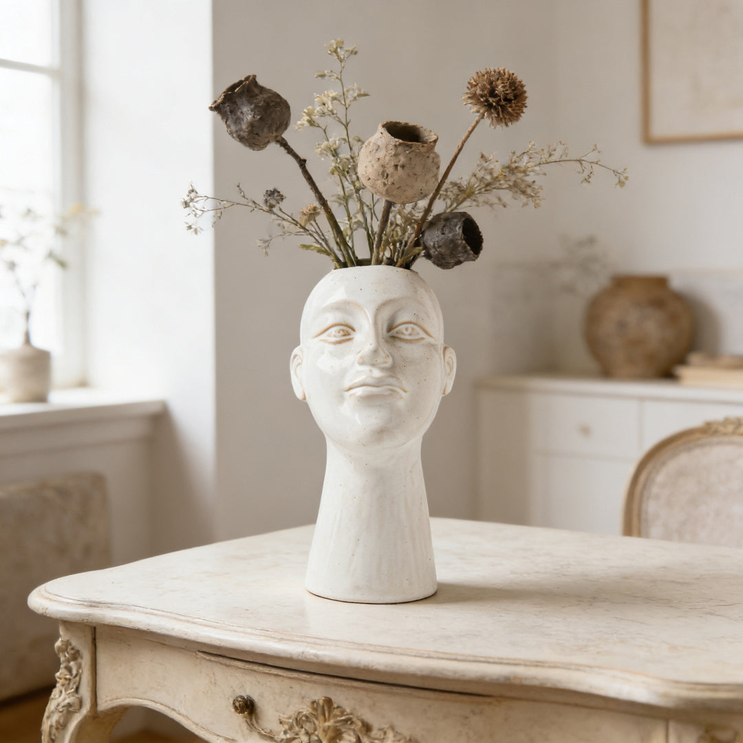 Hand-glazed contemporary sculptural head plant vase with narrow neck