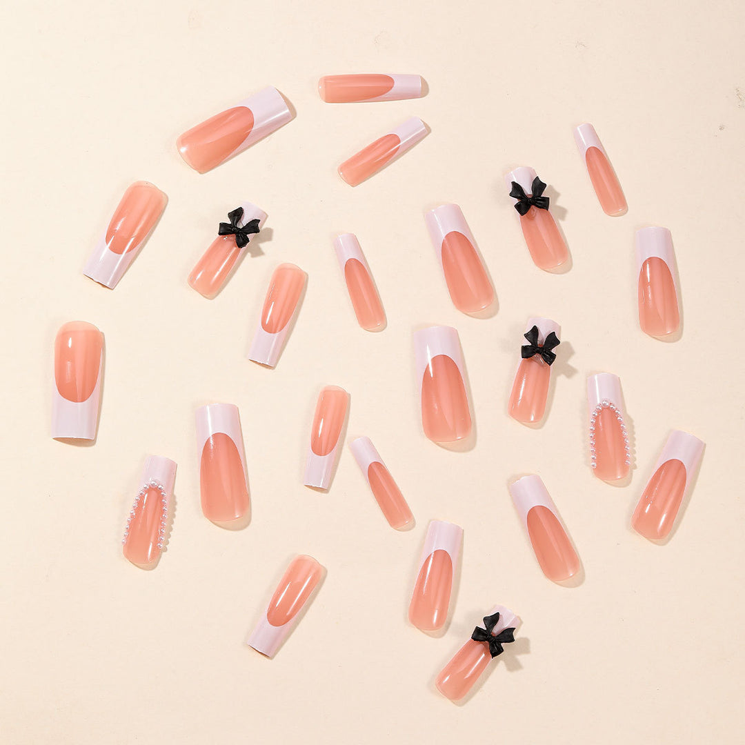 Elegant Press-On Nail Art Set with Pearl and Bow Accents Bowlift