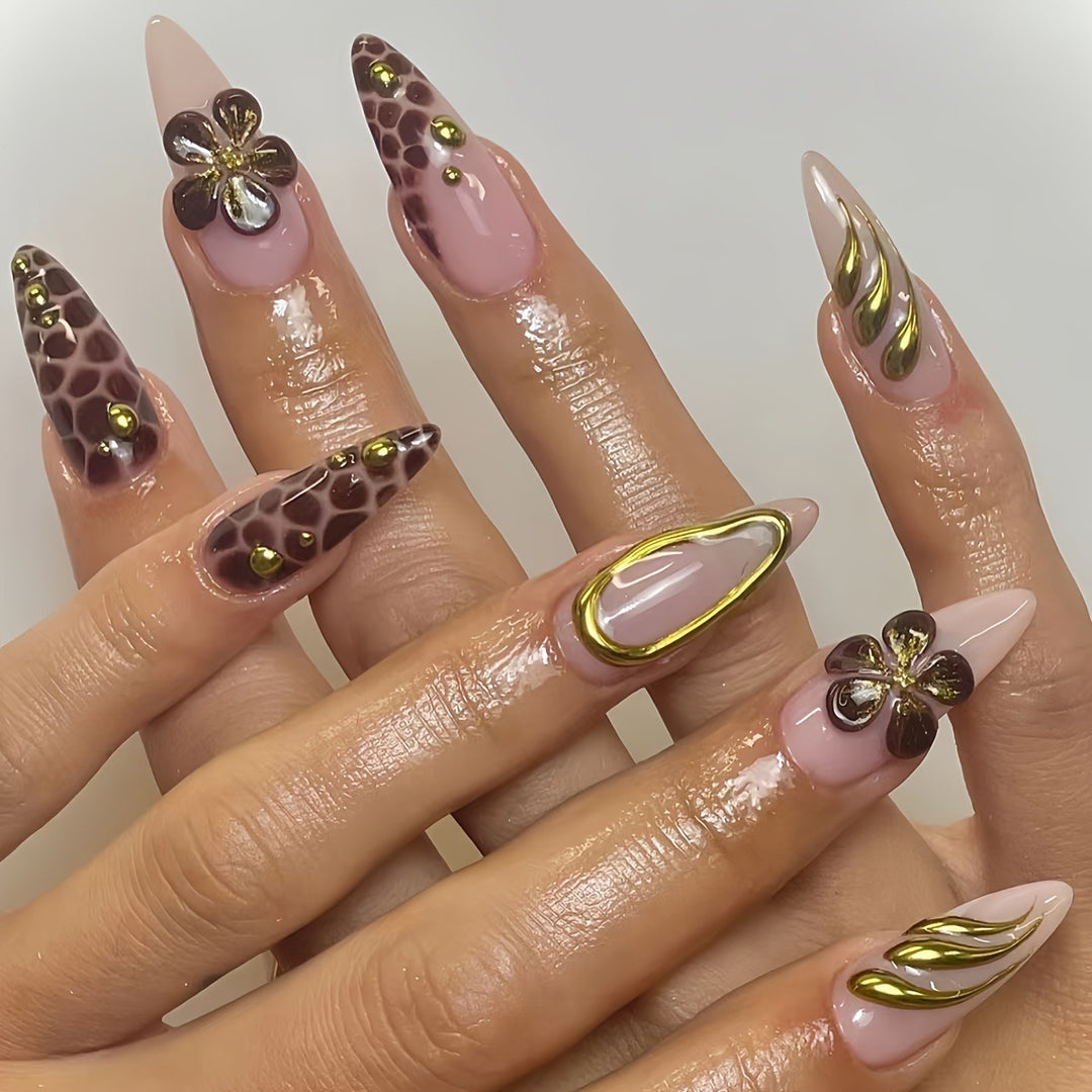 Artistic Press-On Nail Set with 3D Floral Accents Bowlift