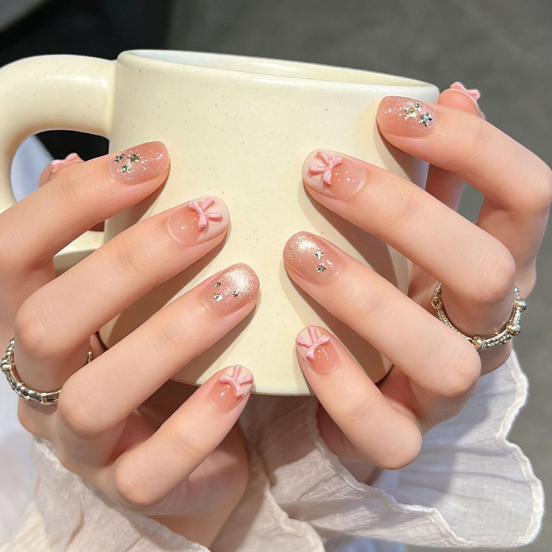 Elegant Decorative Press-On Nail Extensions with Pearls Bowlift