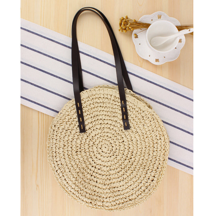 Round Bast Tote Bag with Leather-Embellished Handles Bowlift