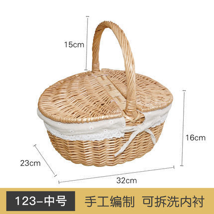 Women's braided basket with checkered fabric insert and decorative lace embellishment Bowlift