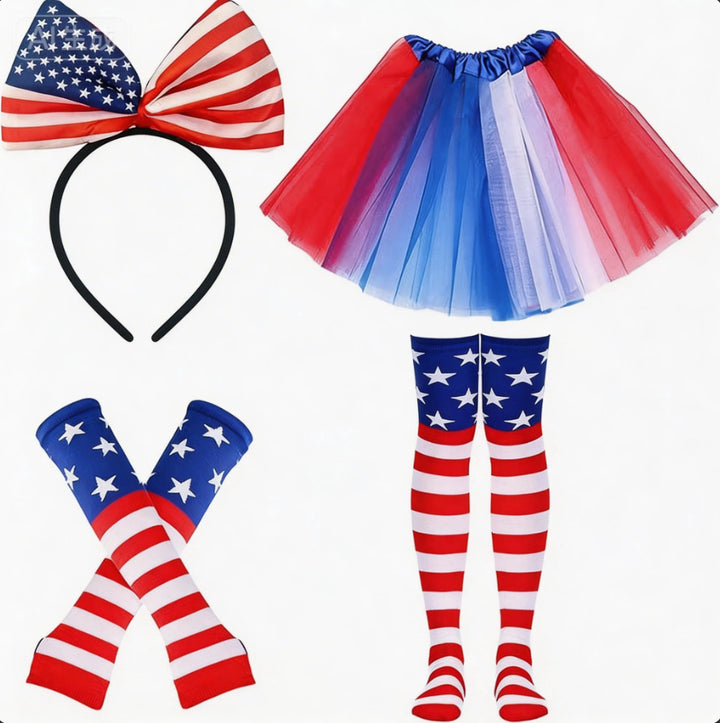 Women's patriotic carnival costume set with layered tulle skirt elastic waistband bow hairband thigh-high stockings and arm warmers Bowlift