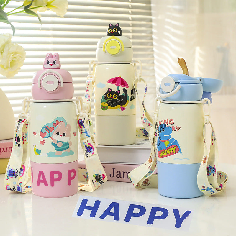 Women's insulated drink bottle with practical carrying strap and cute cat design Bowlift