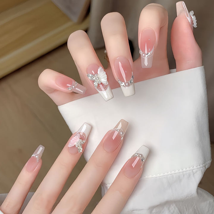 Elegant Long Press-On Nails Set with Artistic Tips Bowlift