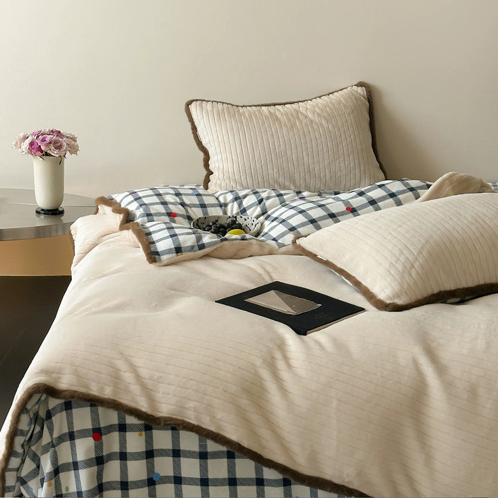 Reversible Quilted Gingham and Plush-Trim Duvet Cover Set