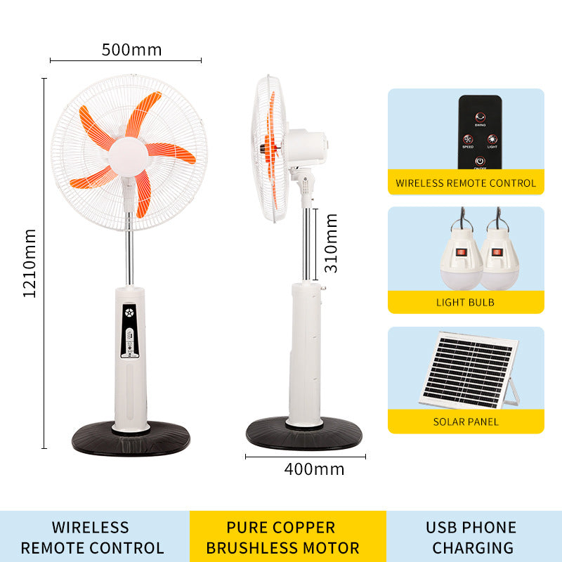 Unisex nan adjustable stand fan with solar panel, brushless motor, USB charging port and LED emergency light Bowlift