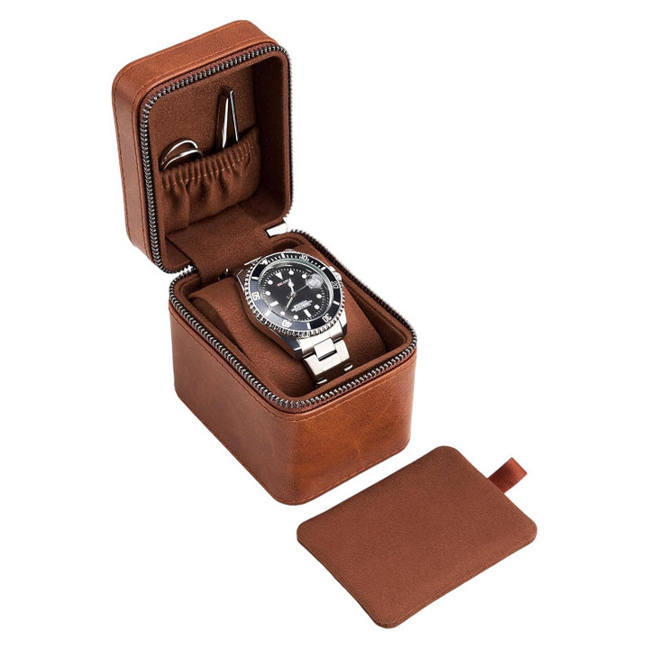 Leatherette Travel Watch Case with Suede-Lined Interior and Tool Pouch Bowlift