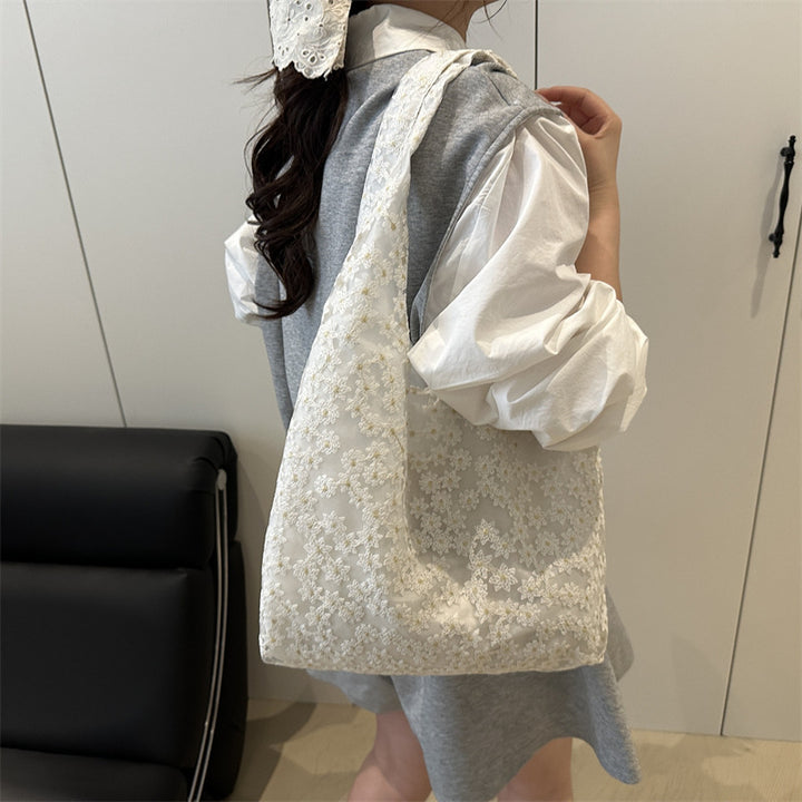 Elegant Floral Embroidered Grocery Tote Bag Bowlift