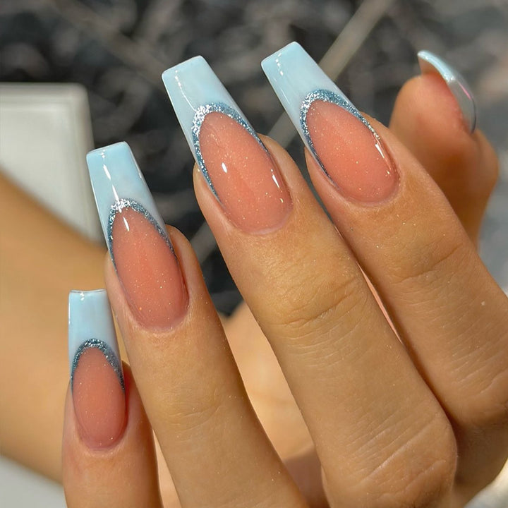 Elegant Two-Tone Press-On Nails with Glitter Accents Bowlift