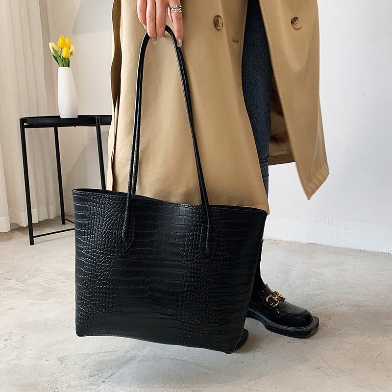 Crocodile-Embossed Tote Bag with Detachable Clutch Bowlift